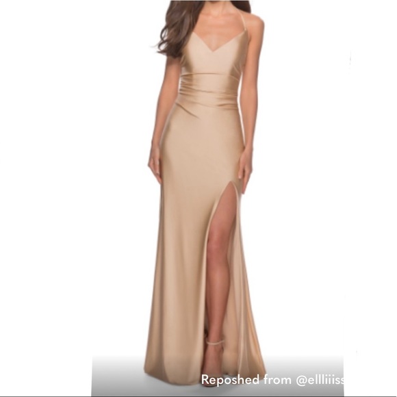 La Femme Dresses & Skirts - La Femme Cross Back Satin Jersey Trumpet Gown Bridesmaid dress, Nude 00